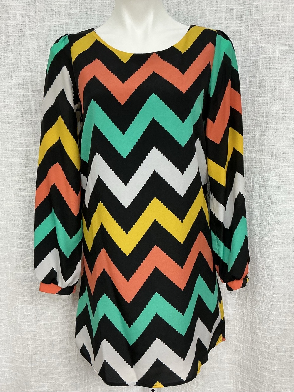 Almost Famous Chevron Tunic Dress in Black, Teal, Yellow, Coral & White